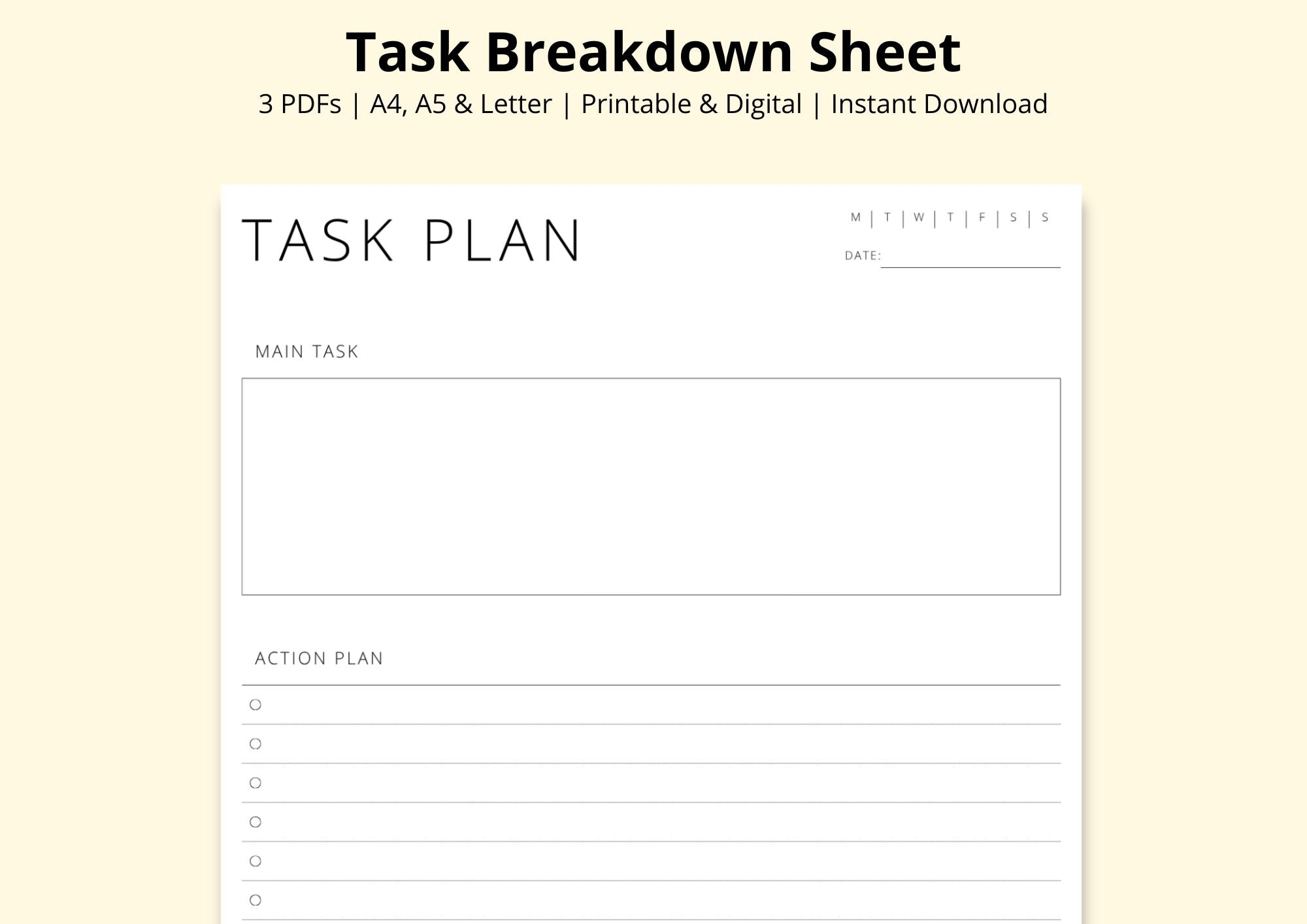 Task Developing Sheet Task Breakdown Sheet, Task Planning, Assignment Planner, Project ...