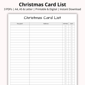 Kerstkaartlijst, Kerstkaarttracker, Kerstplanner, Vakantiekaarttrackerblad, Mailinglijst, Afdrukbaar/digitaal, A4/A5/Letter