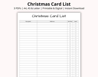 May include: A printable Christmas card list with columns for recipient, address, written, and sent. The list is on a white background.