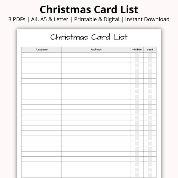 Christmas Card List, Christmas Card Tracker, Christmas Planner, Holiday Card Tracker Sheet, Mailing List, Printable/Digital, A4/A5/Letter