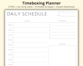 Könnte beinhalten: Ein druckbarer und digitaler Timeboxing-Planer mit Tagesplan-Layout. Der Planer enthält Abschnitte für die Planung von 5:00 bis 13:00 Uhr, Top-Prioritäten und einen Aufgabenbereich. Der Text "Timeboxing Planner" befindet sich oben.