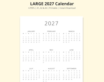 LARGE 2027 Calendar, Simple Yearly Calendar, Printable Portrait Calendar, Desk Calendar, Wall Calendar, Year at a Glance Calendar, A1/A2/A3