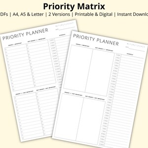 Matriz de prioridades, Matriz de Eisenhower, Matriz de decisiones, Planificador diario, Gestión de tareas, Planificador de productividad, Imprimible/Digital, A4/A5/Carta