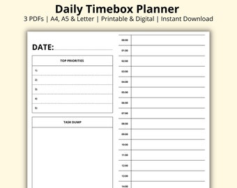 Daily Timebox Planner, Time Blocking, 24 Hour Planner, Hourly Schedule, Day Task Dump, Productivity Planner, Printable/Digital, A4/A5/Letter