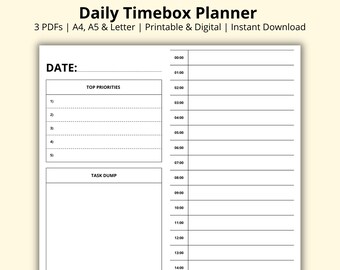 Daily Timebox Planner, Time Block PDF, 24 Hour Planner, Hourly Schedule, Day Task Dump, Productivity Planner, Printable/Digital,A4/A5/Letter