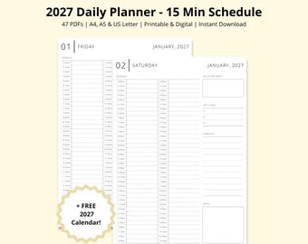2027 Daily Planner, Dated Yearly Calendar, 2027 Calendar Pages, 15 Minute Planner, Time Blocking PDF, Printable/Digital Diary, A4/A5/Letter