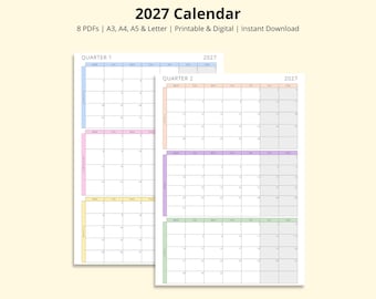 2027 Calendar, 3 Months Per Page, Quarterly Planner, 12 Month Calendar Pages, Month at a Glance, Printable/Digital PDF, A3/A4/A5/Letter