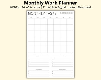 Monthly Work Planner, Monthly Calendar Page, Monthly Overview, Office Planner, Work From Home Planner Pages, Printable/Digital, A4/A5/Letter