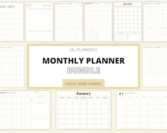 Może przedstawiać: Zbiór drukowanych szablonów miesięcznego planera. Szablony mają prosty układ siatki z miesiącem styczeń u góry. Tekst "25+ PLANNERS!!" i "MONTHLY PLANNER BUNDLE" jest wyświetlany pogrubioną czarną czcionką na jasnożółtym tle. Tekst "PLUS ALL FUTURE PLANNERS!" jest wyświetlany czarną czcionką na białym tle.
