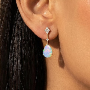 Ethiopian Opal Drop Earrings, 14kt Gold Minimal Earrings Diamond, Natural October Birthstone, 18k Jewelry