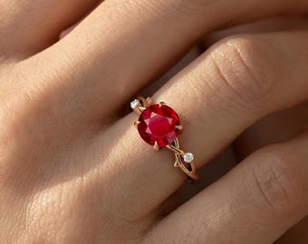 Ruby Gold Ring Natural Diamond Vintage Wedding Band 14kt Rose, July Birthstone