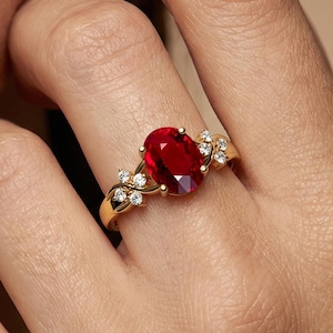 Engagement Ruby Diamond Ring, 14kt Solid Gold, Oval July Birthstone