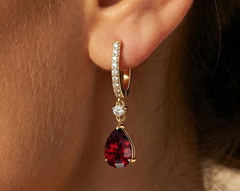 Garnet Teardrop Dangle Earrings: 14k Yellow Gold, Pave Diamond Leverback