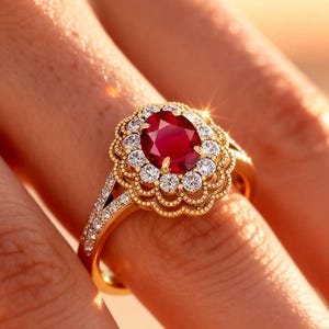 Anillo de rubí dorado, anillo de rubí vintage, anillo de compromiso de rubí, anillo con halo de diamantes, diseño de filigrana