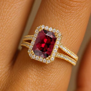 14k Gold Emerald Cut Garnet Ring: Halo Diamond Anniversary