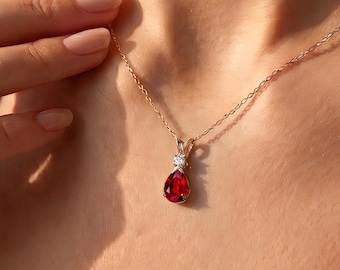 Teardrop Ruby Diamond 14k Gold Pendant Necklace: Solitaire Wedding Jewelry