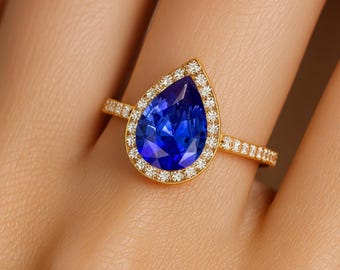 14k Gold Pear Blue Sapphire Halo Ring: Diamond Accent Promise Ring