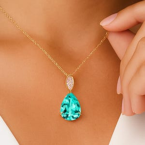Teardrop Paraiba Tourmaline Pendant: 18k Rose Gold Diamond Halo