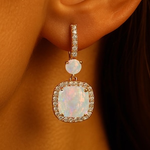 Opal Halo Earrings: 18k Gold Diamond Pave Lever Backs