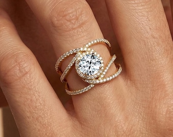 1 Carat Round Lab Diamond Halo Modern Engagement Ring 14kt White gold, IGI
