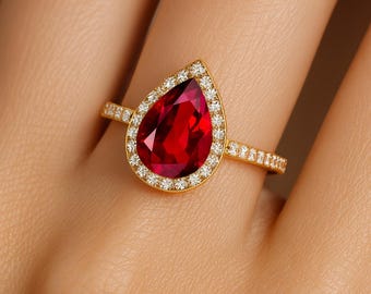 Anello con alone di diamanti e rubino a forma di pera: fidanzamento in oro 14k, matrimonio