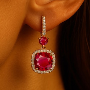 18k Gold Ruby Diamond Halo Earrings: Cushion Cut Red Gemstone