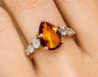 Madeira Citrine & Diamond 14K Gold Ring: Pear Gemstone Engagement