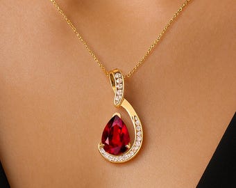Teardrop Ruby Pendant: 14k White Gold Diamond Halo, July Birthstone
