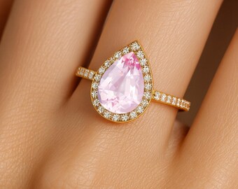 Pear Morganite Engagement Ring: Diamond Halo, 14k Rose Gold Bridal Jewelry