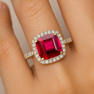 Anillo de rubí: Halo de cojín de oro de 14 quilates, detalles de diamantes naturales