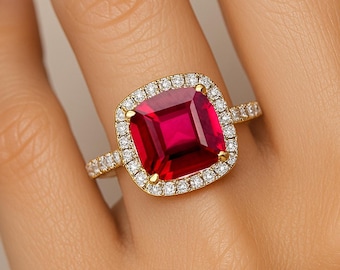Ruby Ring: 14K Gold Cushion Halo, Natural Diamond Accents