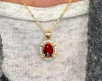 18K Gold Ruby Halo Pendant Necklace: Lab Diamond Filigree