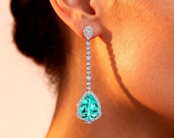 14kt Rose Gold Paraiba Tourmaline Earrings, Real Diamond Drop Earring Dangle Jewelry