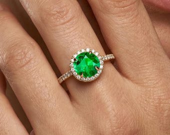 Green Zambian Emerald Ring, Diamond Halo may Birthstone 14Kt Gold Jewelry