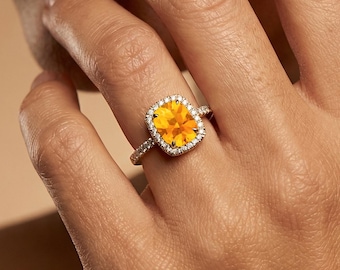 14k Gold Halo Madeira Citrine Ring: Diamond Wedding Jewelry