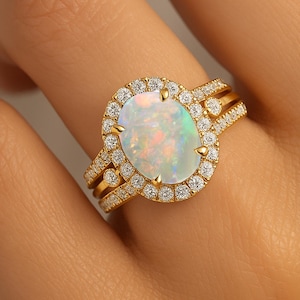 Guldopalring med oktobersten, 14 karat diamant Halo vigselring med trippelring