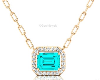 Paraiba Turmalin Halo Diamant Anhänger 14kt Gelbgold Verlobungskette