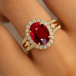 Oval Ruby Ring: Diamond Halo, 14k Yellow Gold Triple Band