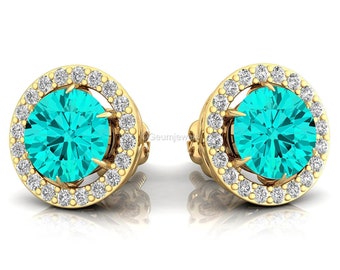 Paraiba Tourmaline Screw Back Halo Ear Studs - Wedding and Special Occasion Earrings - Solid 14k Gold Fine Diamond Jewelry Gift For Her