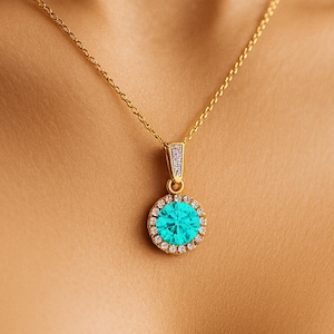 Paraiba Tourmaline Diamond Halo Pendant: 14k Rose Gold Necklace
