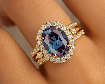 Alexandrite Wedding Diamond Halo Ring Color Changing Jewelry, 14kt Solid Gold