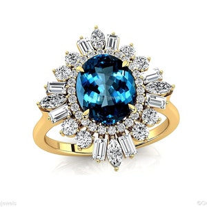 Anillo de compromiso con topacio azul de Londres en oro macizo de 14 k y 18 k, corte ovalado con halo de diamantes de forma elegante. Piedra de nacimiento de diciembre, regalo para ella.