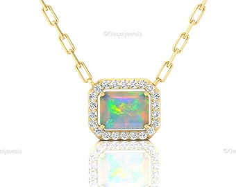 Ethiopian Opal Diamond Halo Necklace: 14k Rose Gold Gemstone Pendant