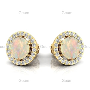 Natural Brilliant Cut Ethiopian Opal Screw Back Halo Studs - Solid 14k Yellow Gold Diamond Fine Engagement Jewelry - Wedding Gift For Her