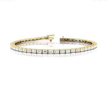 Emerald Cut Lab Diamond Tennis Bracelet: 14k Yellow Gold Wedding Jewelry