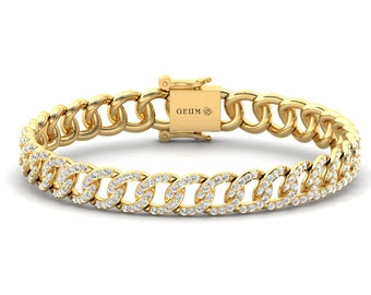 8mm Gold Miami Cuban 14kt 18K Yellow Gold Diamond Link Bracelet with Real Natural Diamonds in White or Rose Solid Gold for Mothers Day Gift