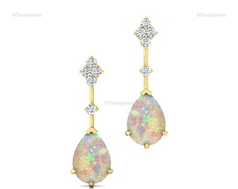 Genuine Ethiopian Opal Earrings, Diamond Drop & Dangle Earrings, 14kt/ 18k Yellow Gold Jewelry, Birthday Gift, Earrings For Her