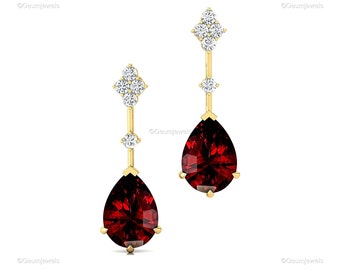 Precious Red Garnet Earrings, Diamond Gemstone Earrings, Drop & Dangle Earrings, 14k White Gold Jewelry, Birthday Gift, Earrings For Sister