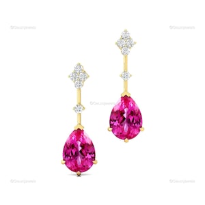 18k Rose Gold Pink Sapphire Drop Earrings: Diamond Accent