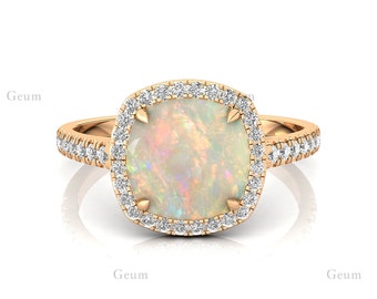 Ethiopian Opal Ring, Diamond Engagement Ring, Solid Gold October Birthstone Ring, Gift For Girlfriend, Promise Ring